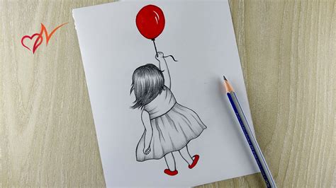 How to draw a little girl holding balloon | Pencil sketch drawing ...