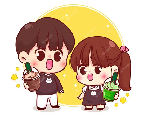 Premium Vector | Cute couple holding coffee and Matcha tea cartoon ...