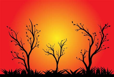 Premium Vector | Illustrations tree branch with grass silhouette on sunset background