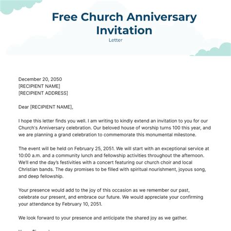 Church Anniversary Invitation Letter Template - Edit Online & Download Example | Template.net