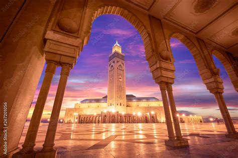 The Hassan II Mosque at sunset in Casablanca, Morocco. Hassan II Mosque ...