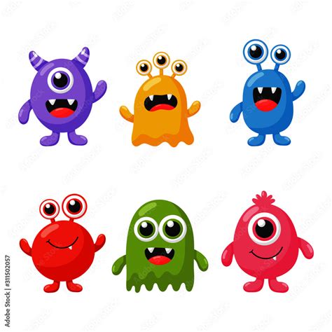 set of cute funny monster cartoon isolated on white background ...