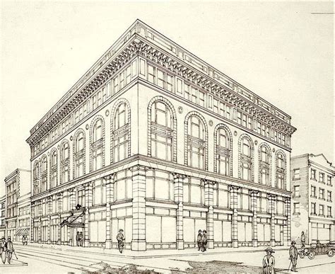 an old drawing of a building with people on the sidewalk and cars ...