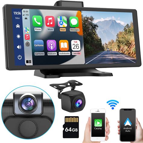 Portable Car Stereo with Wireless Carplay, Android Auto, Dash Cam, Backup Camera, 64G TF-Card ...