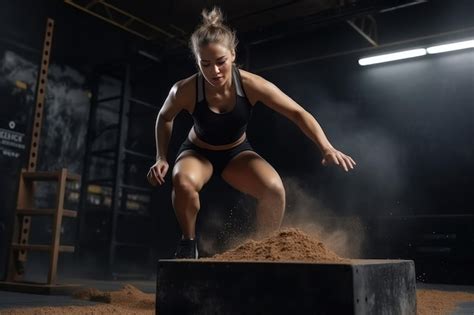 Premium Photo | Athletic young woman making a high jump in the gym generative ai