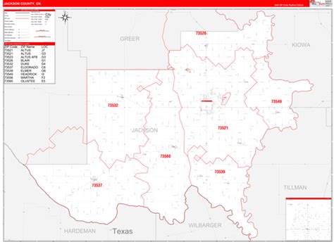 Jackson County, OK Zip Code Wall Map Red Line Style by MarketMAPS ...