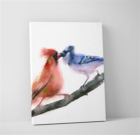 Cardinal and Blue Jay Print, Kissing Birds Painting, Watercolor Print ...