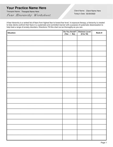 Fear Hierarchy Worksheet PDF