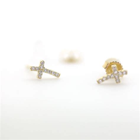 Diamond Cross Earrings, Cross Diamond Earrings, 14k Diamond Cross Earring, Dainty Earrings, Tiny ...