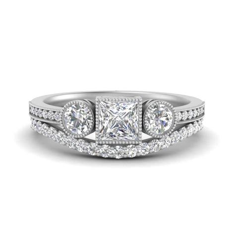 Three Stone Princess Cut Bezel Set Lab Diamond Bridal Ring Set In 14K ...