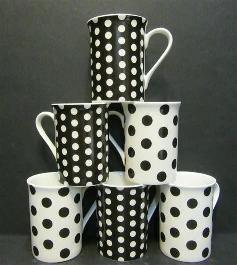 Set of 6 Fine Bone China Spotty Mugs Polka Dots Black & White Coffee Tea Mug Set