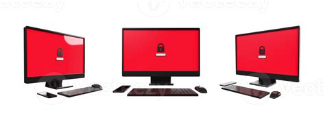 3D computer setup, keyboard, mouse with monitor screen lock red color 21451452 PNG