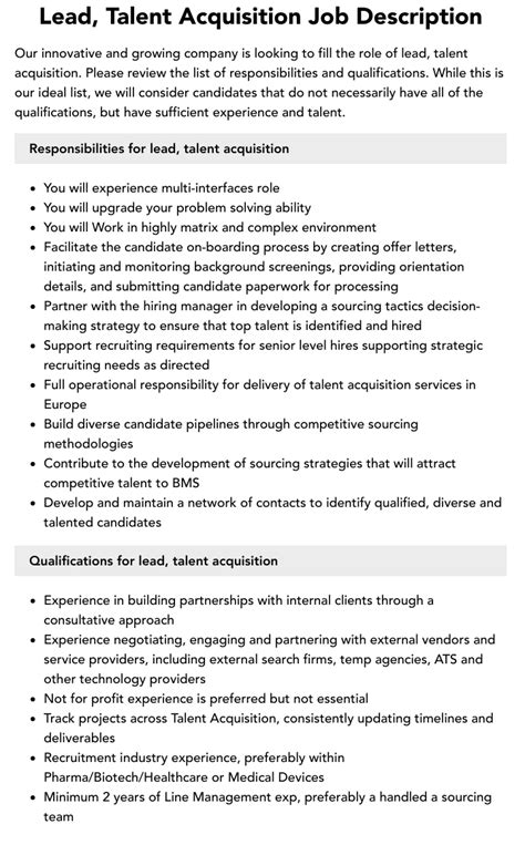 Lead, Talent Acquisition Job Description | Velvet Jobs