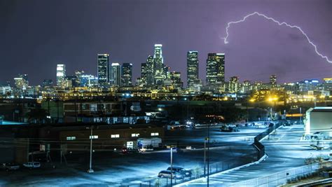 Lightning Storm Over Los Angeles City Downtown Skyline. Thunderstorm ...