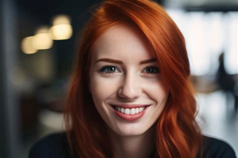 Premium AI Image | Closeup of a charming redhead executive smiling at the camera with a blurred ...