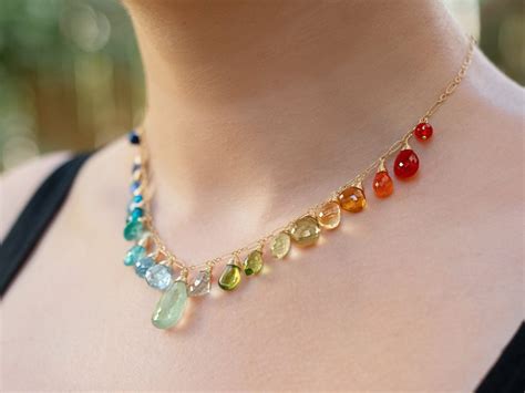 Rainbow Multi Gemstone Necklace in Gold Filled, Precious Drop Necklace ...