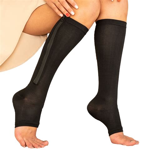 Zipper Pressure Compression Socks Support Stockings Leg - Open Toe Knee High - 20-30mmHg - Helps ...