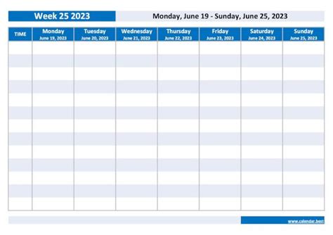 Week 25 2023: dates, calendar and weekly schedule to print