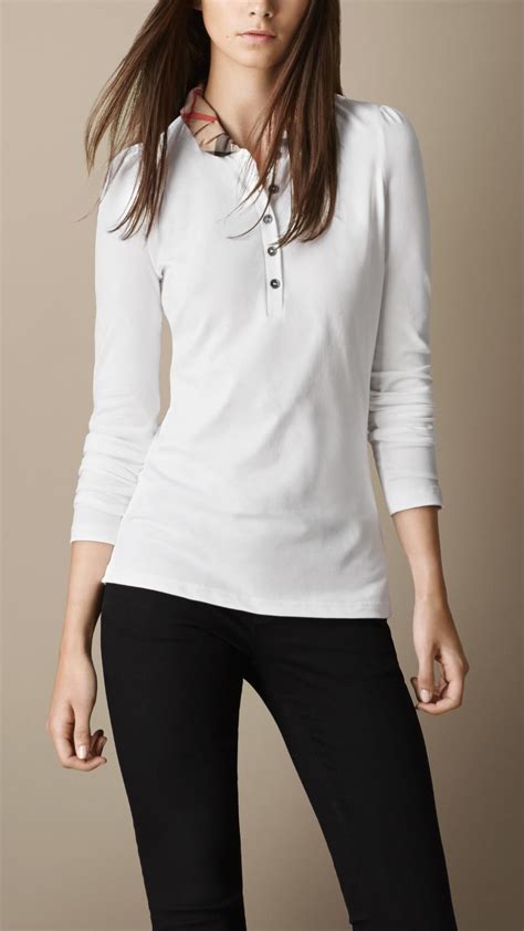 Lyst - Burberry Long Sleeve Check Collar Polo Shirt in White