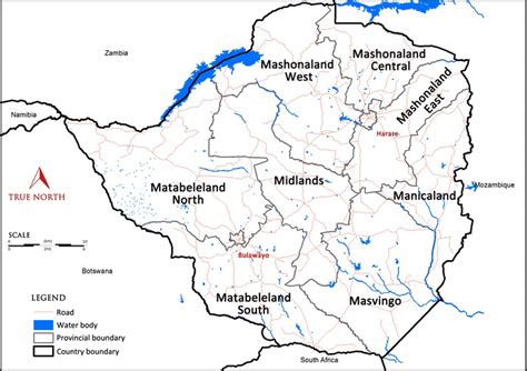 Zimbabwe map showing provincial boundaries and bordering countries ...