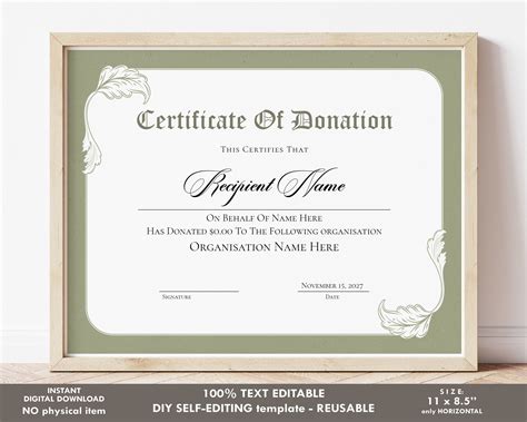 Editable Certificate of Donation Template Printable Charity - Etsy in ...