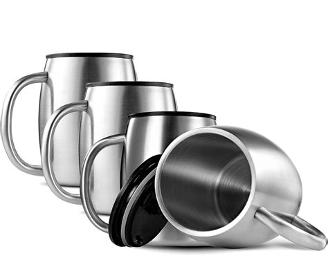 FineDine Double Wall 18/8 Stainless Steel Coffee Mugs with Spill Resistant Lids/Comfortable ...