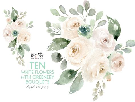 White Flower Watercolor Clipart with Eucalyptus Greenery | Etsy