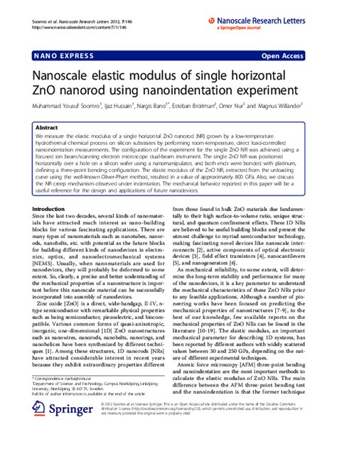 (PDF) Nanoscale elastic modulus of single horizontal ZnO nanorod using ...