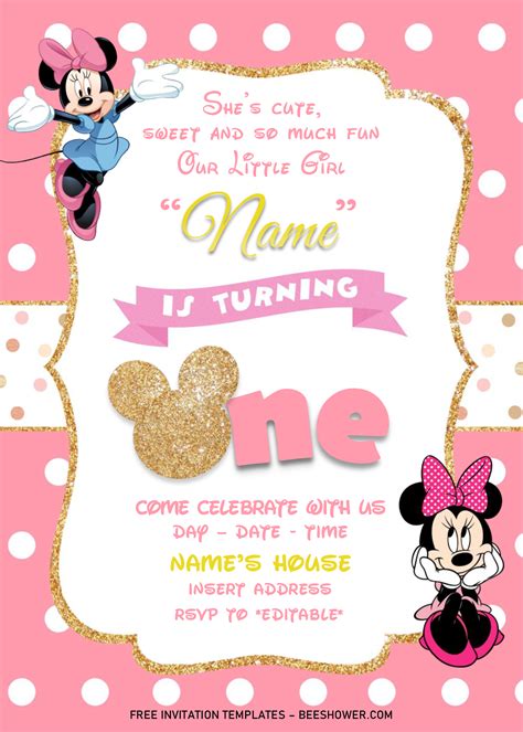 Gold Glitter Minnie Mouse Birthday Invitation Templates - Editable .D… | Minnie mouse birthday ...