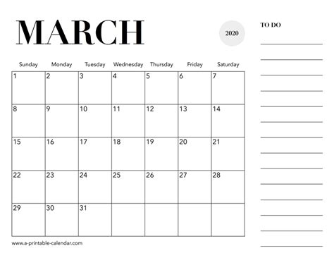 2020 Calendar March - A Printable Calendar