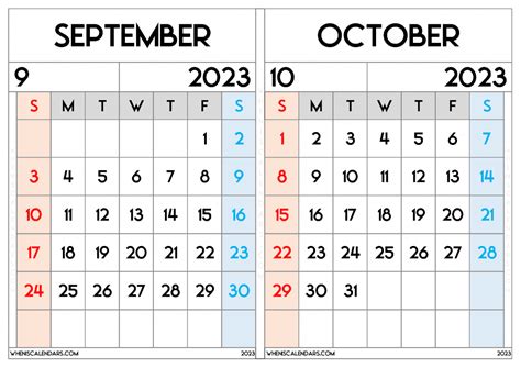 September October 2023 Calendar Free Printable (SO2309) in 2023 | October calendar printable ...