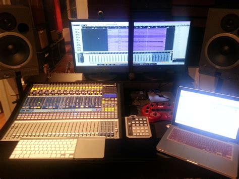 A view of the control room desk in Dawg Pound Studios. http://DawgPoundStudios.com | Room desk ...