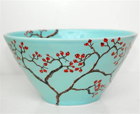 Hand-Painted Large Blue Bowl: Red Berry Winter Tree Branch | Pottery ...