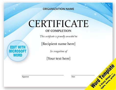 CERTIFICATE Editable Word Template, Printable, Instant Download YOU EDIT Word Templa ...