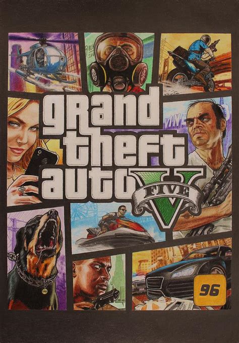 Gta V Box Art Cover Colored Drawing Drawing by Nikolai Jonasson