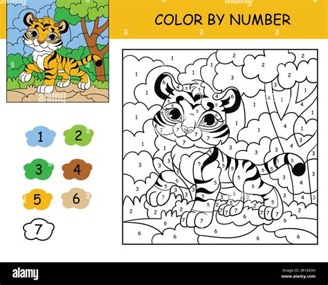 Coloring puzzle with number of color for kids with cute tiger. Printable coloring book ...