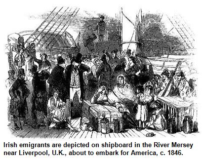 Irish emigrants are depicted on shipboard in the River Mersey near ...