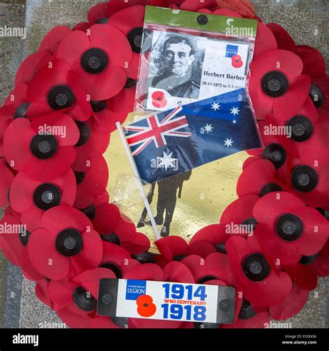 British poppy wreath for First World War One soldier during remembrance of the WWI centenary ...