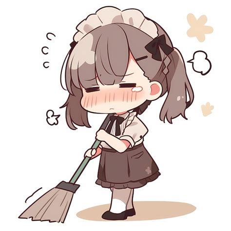 Minimal japanese crying kawaii maid girl sweeping chibi anime vector ...