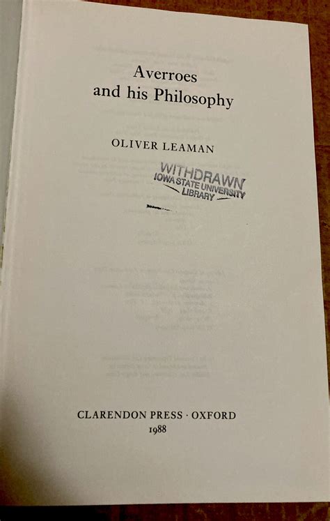 AVERROES AND HIS PHILOSOPHY By Oliver Leaman - HC No DJ Acceptable Ex ...