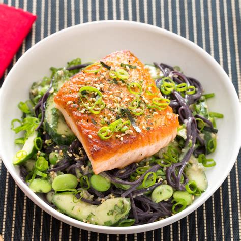 Recipe: Furikake-Topped Salmon with Fresh Edamame & Miso-Sesame Black Noodles - Blue Apron