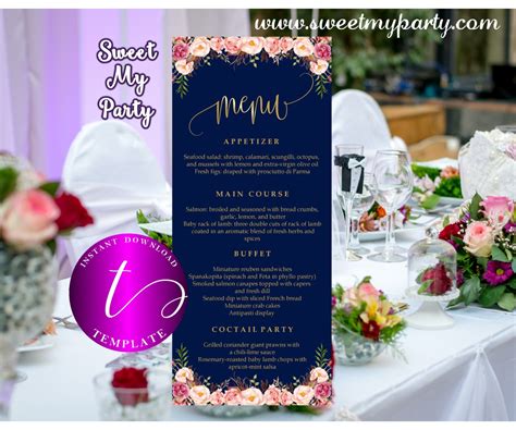 Floral navy wedding menu card digital printable|Navy gold restaurant ...