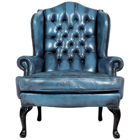 Vintage Steel Blue Leather Chesterfield Wingback Armchair at 1stdibs