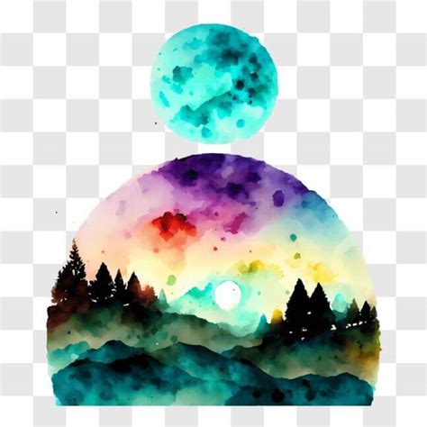 Download Watercolor Painting of Two Moons in a Natural Setting PNG Online - Creative Fabrica