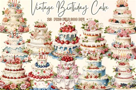 Vintage Birthday Cake Clipart By Regulrcrative | TheHungryJPEG