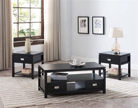 Adelaide 3 Piece Storage Coffee Table Set, Black Wood, With Drawers & Shelves, Contemporary ...