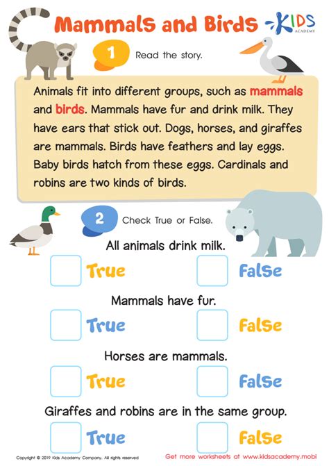 Mammals and Birds Worksheet for kids