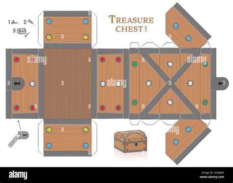 Treasure chest box paper model. Cut out, fold and glue it. Template with gemstones and lid that ...