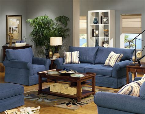 Blue Denim Fabric Modern Sofa & Loveseat Set w/Options