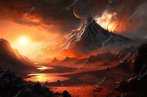 Premium Photo | Mordor landscape with fiery sunrise in the background